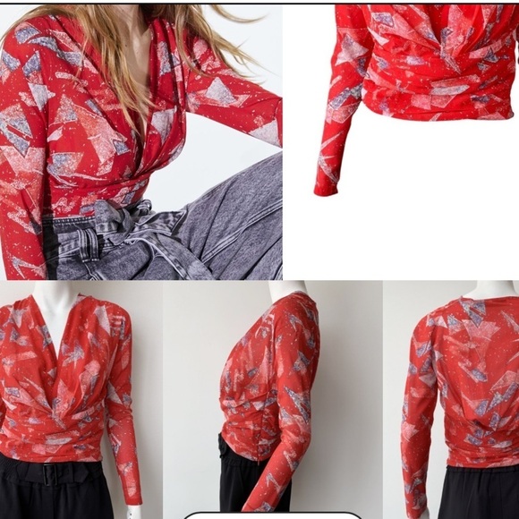 IRO- Red Longsleeve Silk Geometric Print Gabota Top - Picture 3 of 6